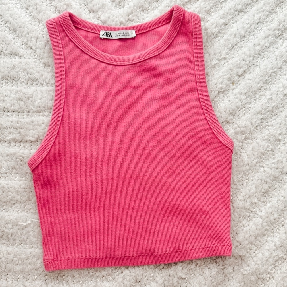 Zara Pink Ribbed Cropped Tank Top Women’s Size Small